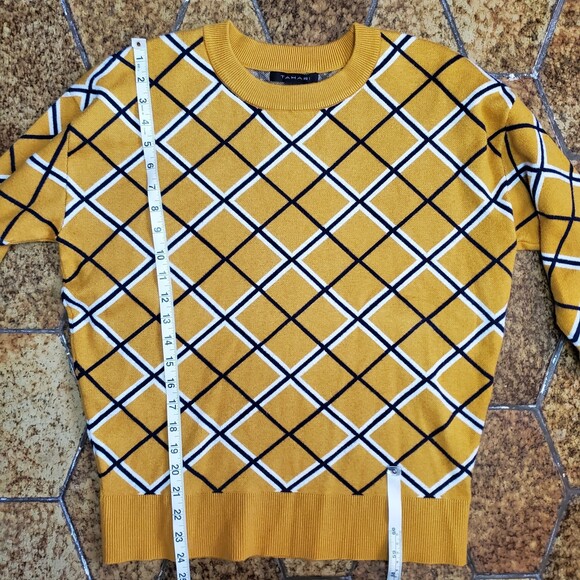 Tahari Crew Neck Yellow Womens Sweater Argyle Long Sleeve Striped Top SZ L - Picture 7 of 11
